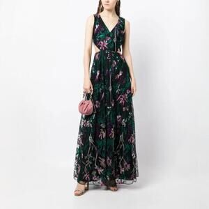 NWT Marchesa Notte Cut-Out Floral Embroidery Gown 16 Black Formal Dress Nylon